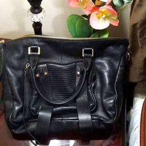 She+Lo Black Leather Tote with Textured Accents